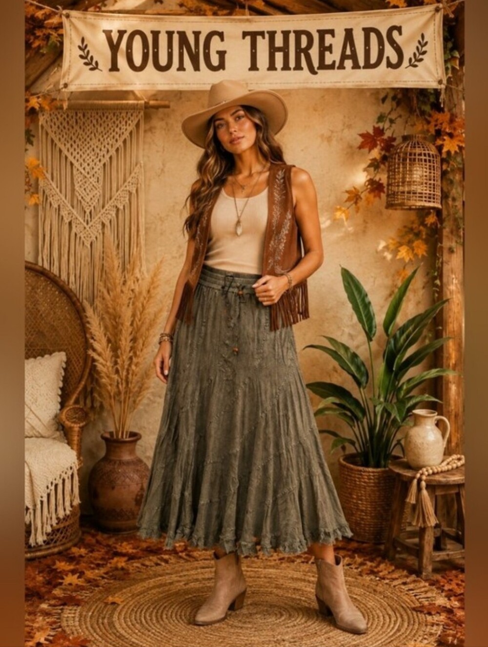 Young Threads Bohemian Cottagecore Olive Green Tiered Maxi Skirt